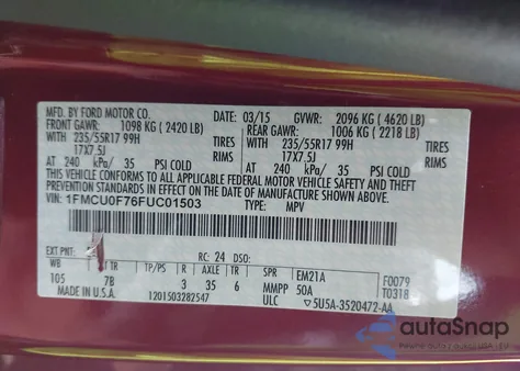 2015 Ford Escape S z USA, uszkodzony, nr VIN 1FMCU0F76FUC01503